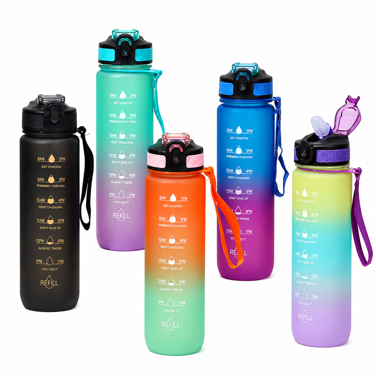 32OZ BPA Free Plastic Water Bottle With Time Marker Leak Proof Pop up Lid Sports Water Bottle for Outdoor Fitness