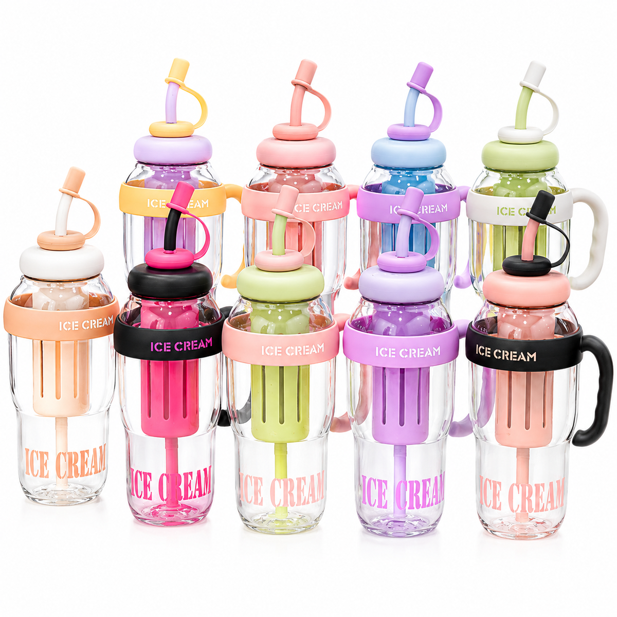 Plastic Water Bottle with Big Handle Transparent Party Cup for Girls Gift Cute Straw Large Capacity Plastic Milk Tea Cup