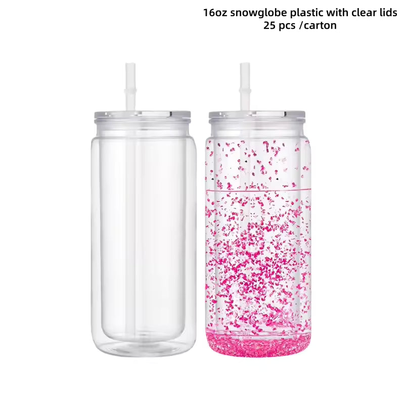 Personalized Bpa Free Snow Globe Plastic Cups Reusable Sublimation Snow Globe Plastic Water Bottle with Lids and Straw for Kids