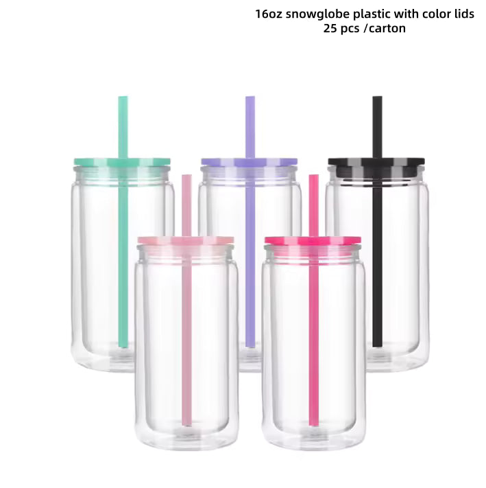 16oz Double Wall Glitter Snow Globe Reusable Clear Plastic Drinkware Cups with Lids Straws for Kids Weddings Parties Tours