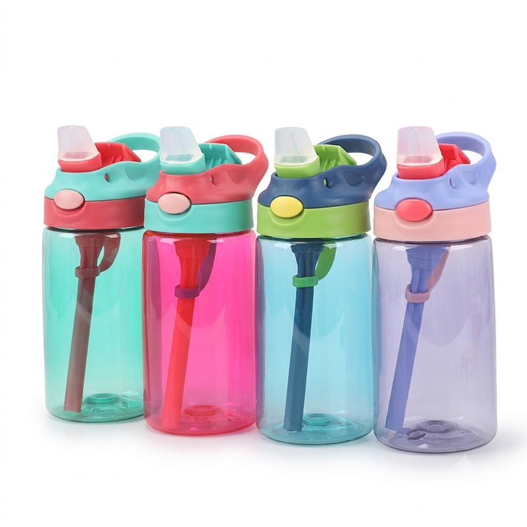 Custom Logo BPA-Free Clear Plastic Kids 12oz Summer Water Cup Children's Back to School Water Bottle with Straw