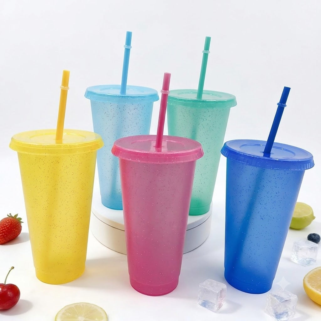 Large Capacity Reusable 710ml/24oz Sparkling Powder Plastic Straw Cup Juice Cup With Cup Lid and Straw
