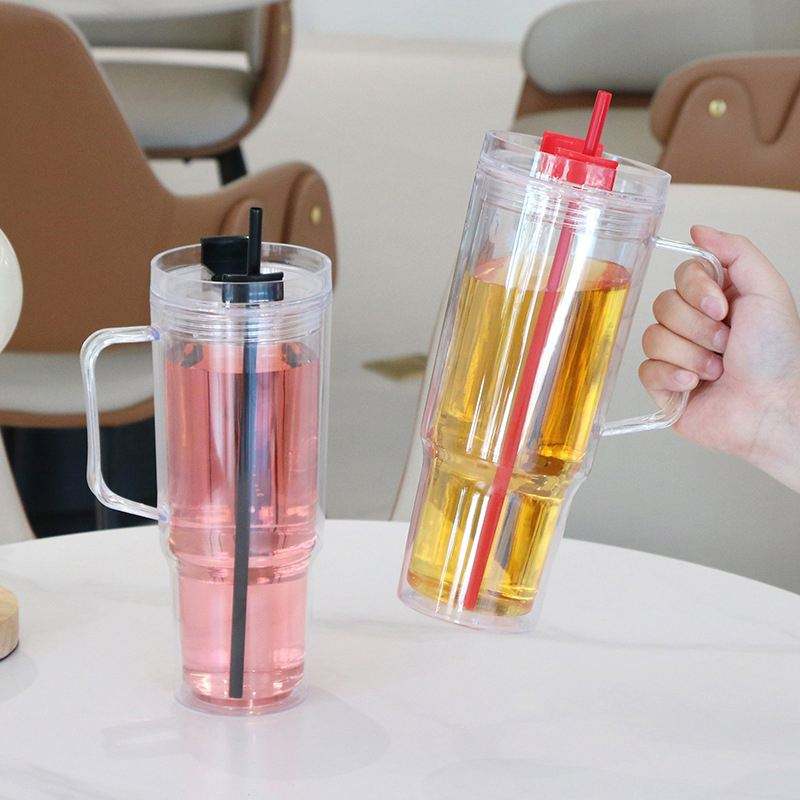Custom 40oz Double Wall Leak-Proof BPA Free Eco-Friendly Plastic Straw Type Travel Tumbler Reusable Lid Handle