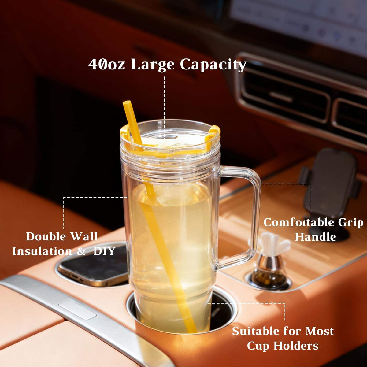 Custom 40oz Double Wall Leak-Proof BPA Free Eco-Friendly Plastic Straw Type Travel Tumbler Reusable Lid Handle