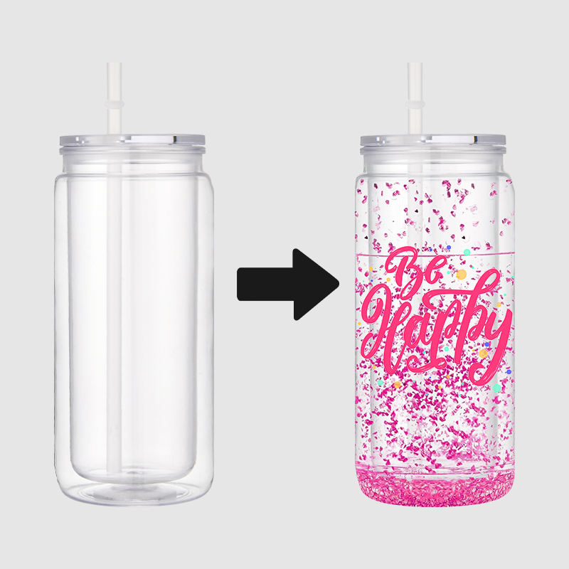 Personalized Bpa Free Snow Globe Plastic Cups Reusable Sublimation Snow Globe Plastic Water Bottle with Lids and Straw for Kids