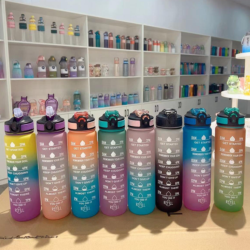 32OZ BPA Free Plastic Water Bottle With Time Marker Leak Proof Pop up Lid Sports Water Bottle for Outdoor Fitness