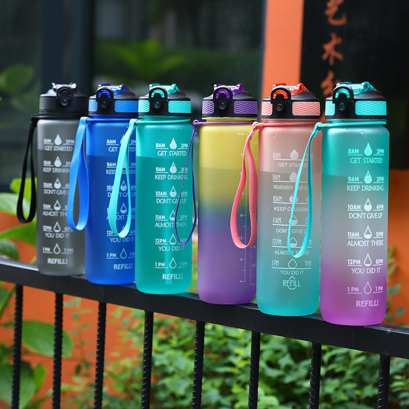 32OZ BPA Free Plastic Water Bottle With Time Marker Leak Proof Pop up Lid Sports Water Bottle for Outdoor Fitness